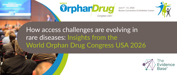 Promotional banner for a World Orphan Drug Congress USA 2026 article titled 'How access challenges are evolving in rare diseases.' Features a conference hall photo showing attendees viewing a presentation, with the World Orphan Drug Congress USA logo and The Evidence Base (EVB) branding. Event dates: June 9–11, 2026, Boston Convention & Exhibition Center.