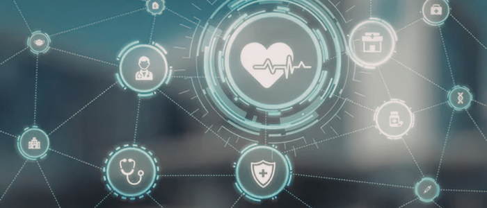 Connected digital healthcare icons, including heart monitor, doctor, stethoscope, hospital, medicine, DNA, and shield.