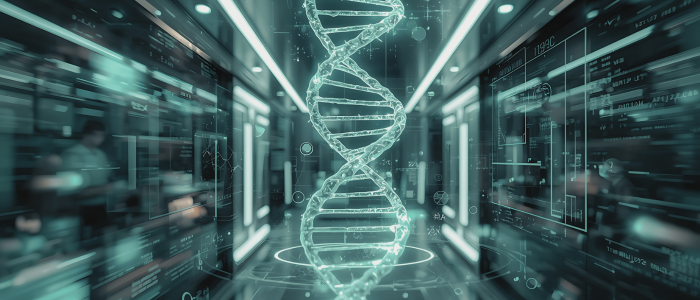 Futuristic lab scene with glowing DNA helix surrounded by digital data, symbolizing FDA’s plausible mechanism pathway for personalized therapies.
