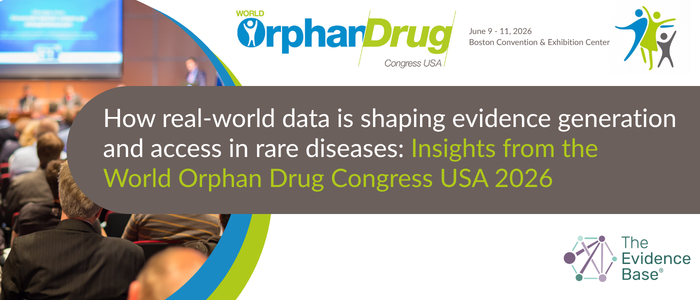 Promotional banner for a World Orphan Drug Congress USA 2026 article titled 'How real-world data is shaping evidence generation and access in rare diseases.' Features a conference hall photo showing attendees viewing a presentation, with the World Orphan Drug Congress USA logo and The Evidence Base (EVB) branding. Event dates: June 9–11, 2026, Boston Convention & Exhibition Center