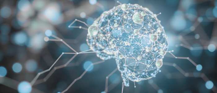 Digital brain made of glowing network connections representing artificial intelligence and data technology.