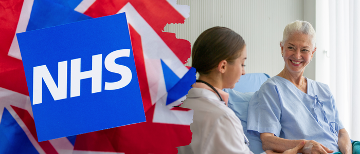 NHS logo over UK flag beside doctor speaking with smiling elderly patient in hospital bed.