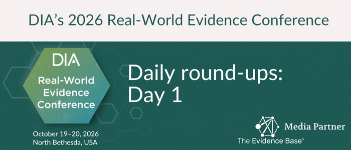 Conference cover showing a doctor’s hand touching a digital screen over a pale gray hexagonal background, with a dark hexagon labeled “DIA Real-World Evidence Conference” and green, white, and black accents. The page includes the 2026 conference title, event dates, location, and an Evidence Base logo.
