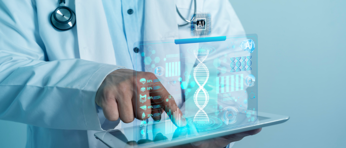 Doctor uses a tablet displaying holographic DNA strands, charts, and AI icons on a transparent digital interface.
