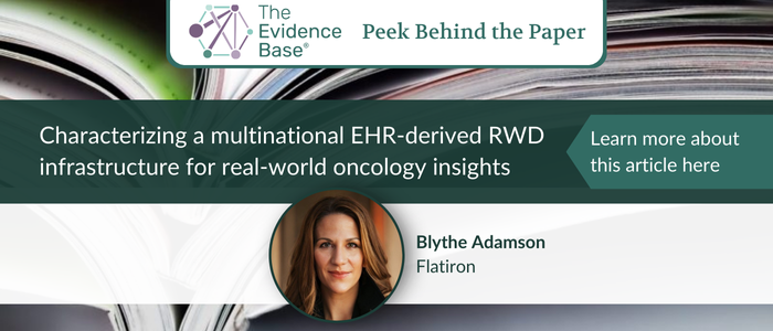 Promotional graphic for an article from The Evidence Base titled 'Characterizing a multinational EHR-derived RWD infrastructure for real-world oncology insights.' The image features an open book in the background, a headshot of Blythe Adamson from Flatiron in the lower section, and a green button with the text 'Learn more about this article here.'