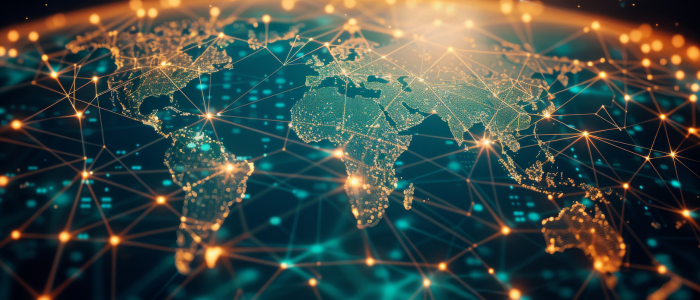 A glowing world map with bright connecting lines showing global digital connections to reflect a global data network