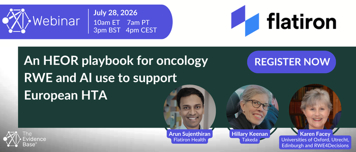Webinar banner showing the title ‘An HEOR playbook for oncology RWE and AI use to support European HTA,’ the date and times, a ‘Register Now’ button, the Flatiron. logo, and speaker photos with names and affiliations.