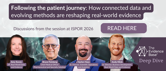 Conference artwork for ISPOR 2026 titled “Deep Dive,” with the subtitle “Following the patient journey: How connected data and evolving methods are reshaping real-world evidence,” and speaker names Amy Eaves, Bruce Feinberg, Harlan Hays, and Andy Klink.