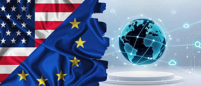 Split image shows the US flag and the EU flag on the left, with a digital globe on a pedestal and network icons on the right.
