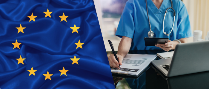 European Union flag on the left and a healthcare professional writing on documents near a laptop on the right. To represent that a new consortium of HTA agencies to support implementation of EU HTA regulation.