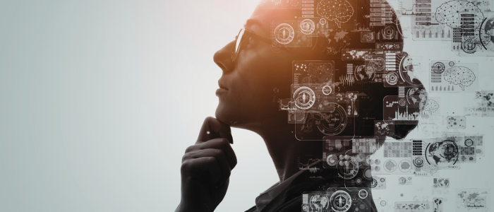 Silhouette of a thoughtful person with digital data and brain graphics merging into their profile