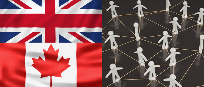 UK and Canada flags beside connected white human figures linked by glowing lines in a network grid.