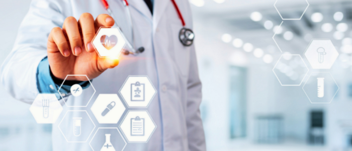 Doctor touches glowing heart icon within hexagonal medical symbols in a hospital corridor background.