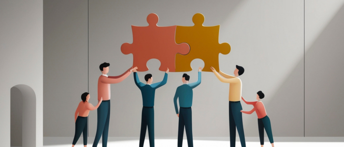 Illustration of people holding a puzzle piece together, representing the collaboration between Nested Knowledge and EviValue on AI-enabled evidence synthesis and health economics and outcomes research