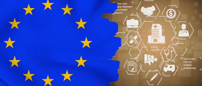 EU flag on the left beside digital icons representing healthcare and data exchange.