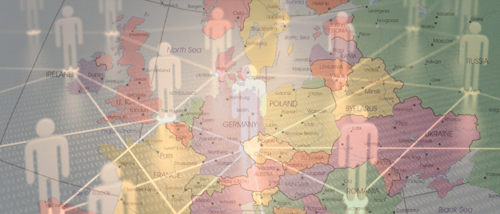Map of Europe overlaid with connected user icons and network lines, illustrating cross-border health data and patient collaboration.