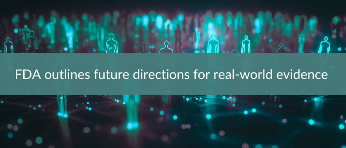 Glowing digital human icons connected by data lines with text reading “FDA outlines future directions for real-world evidence.”