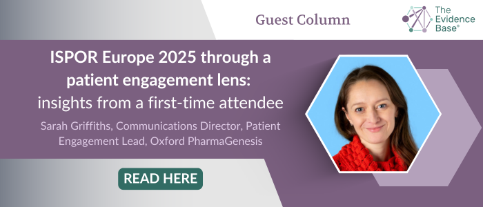 Banner promoting guest column by Sarah Griffiths on patient engagement at ISPOR Europe 2025, with her photo and a “Read Here” button.