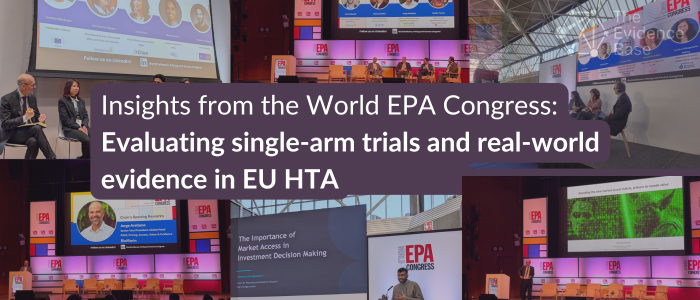 Collage of conference panels, speakers, and presentation screens with overlaid text on EU HTA and real-world evidence.