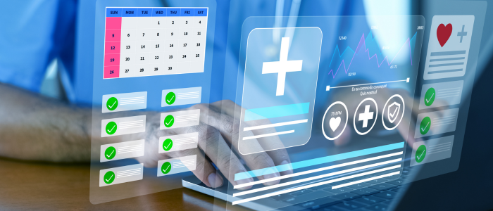 Person uses a laptop with overlaid healthcare dashboards, calendar, medical cross, charts, and green check marks.