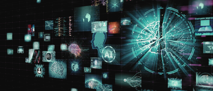 Digital screens display AI, brain, and data imagery on a dark background.