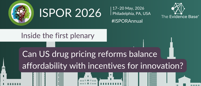 A banner for ISPOR 2026 showing event dates, location, and a headline about US drug pricing reforms, set against a simple city skyline.