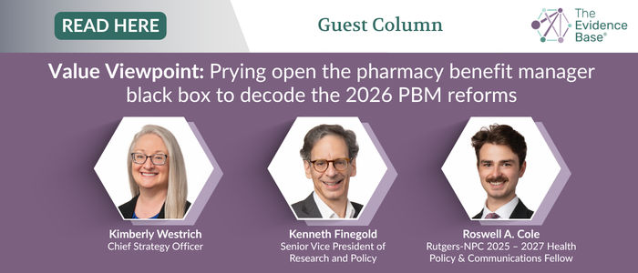 Value Viewpoint banner with three speakers and text on 2026 PBM reforms, featuring Kimberly Westrich, Kenneth Finegold, and Roswell Cole