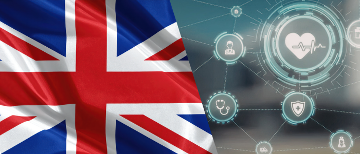 UK flag beside connected digital healthcare icons, including a heart monitor, doctor, stethoscope and medical shield.