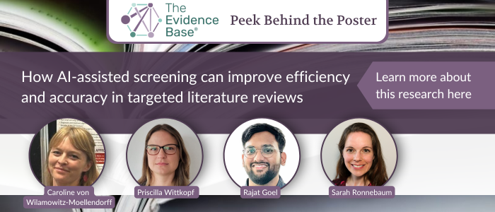 Four researchers featured in a poster on AI-assisted screening in targeted literature reviews.