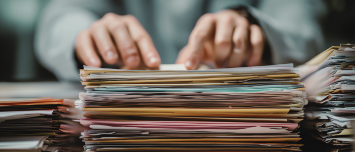 Close-up of a person sorting through a large stack of documents, symbolising the release of extensive CMS guidance and the complexity of regulatory processes.