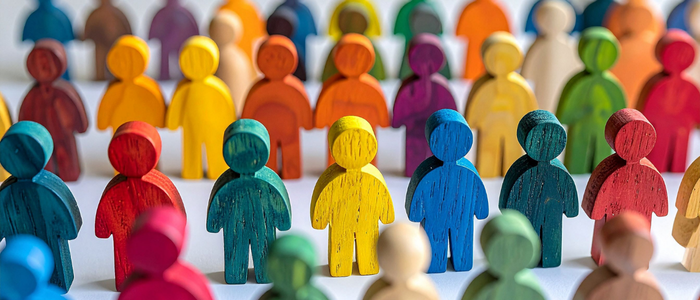 Rows of colourful wooden people figurines arranged in a crowd, showing diverse shapes and bright colours.