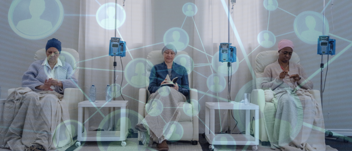 Three patients receive IV treatment in recliners with a network data graphic overlay.