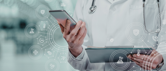 Doctor in a white coat holding a smartphone and clipboard, surrounded by digital healthcare icons representing medical technology and data integration.