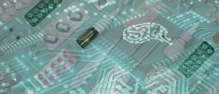 Pills and medicine overlay digital circuit board with AI brain graphic.