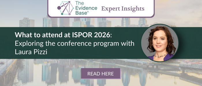 A banner showing a city skyline behind a dark green panel with the title “What to attend at ISPOR 2026: Exploring the conference program with Laura Pizzi.” A small logo for The Evidence Base appears at the top, and a portrait of a woman is shown on the right. A purple button labeled “Read Here” sits near the bottom.