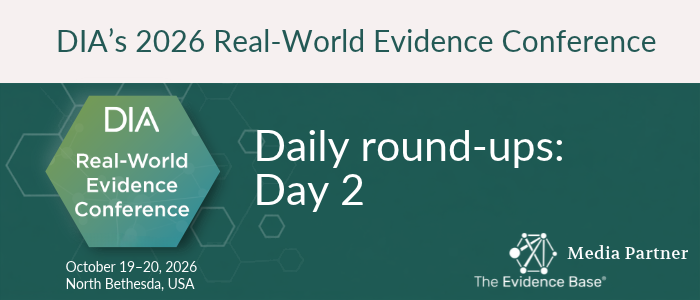 DIA 2026 Real-World Evidence Conference banner with green hexagonal graphics and text reading “Daily round-ups: Day 2.”