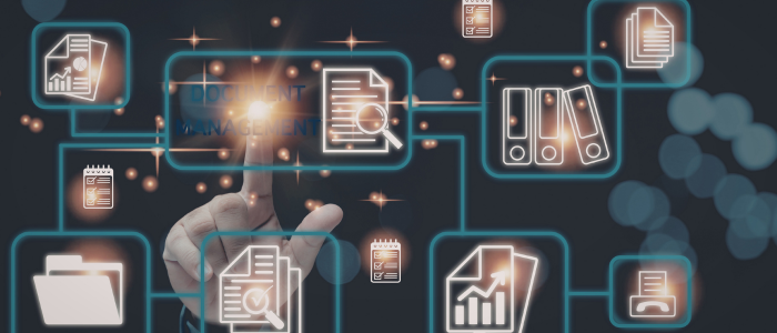 Hand touches digital interface with connected file, folder, checklist, and report icons linked by glowing lines.