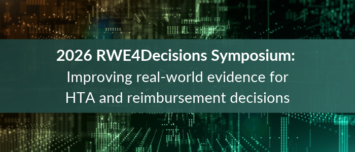 Green and gold digital data patterns behind text reading “2026 RWE4Decisions Symposium: Improving real-world evidence for HTA and reimbursement decisions.”