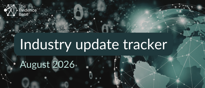 A dark teal tech-themed background with glowing network lines, lock icons, and a partial globe, with the title Industry update tracker and August 2026 overlaid in rounded dark panels.