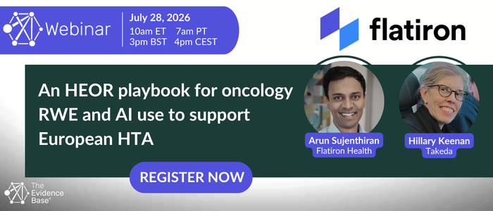 Webinar banner showing the title ‘An HEOR playbook for oncology RWE and AI use to support European HTA,’ the date and times, a ‘Register Now’ button, the Flatiron. logo, and speaker photos with names and affiliations.