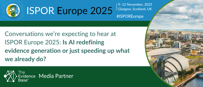 ISPOR Europe 2025 banner with Glasgow cityscape and event details promoting AI in evidence generation discussion.