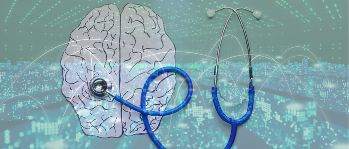 Stethoscope rests on brain illustration over digital data background.