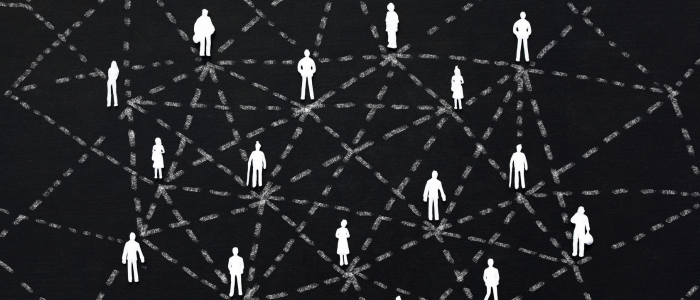 White human figure icons connected by a web of intersecting lines on a dark background.