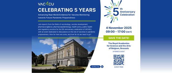 VAC4EU 5th anniversary event banner with date, location, and photo of The Royal Academies in Brussels.