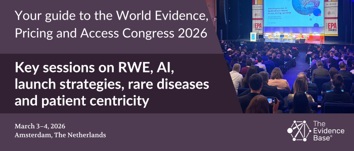 A crowd seated in a large conference hall facing a stage with bright blue lighting and presentation screens, alongside text panels introducing the World Evidence, Pricing and Access Congress 2026.