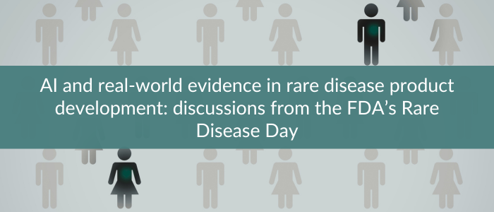 Gray patient icons with two highlighted figures behind a banner reading “AI and real-world evidence in rare disease product development.”