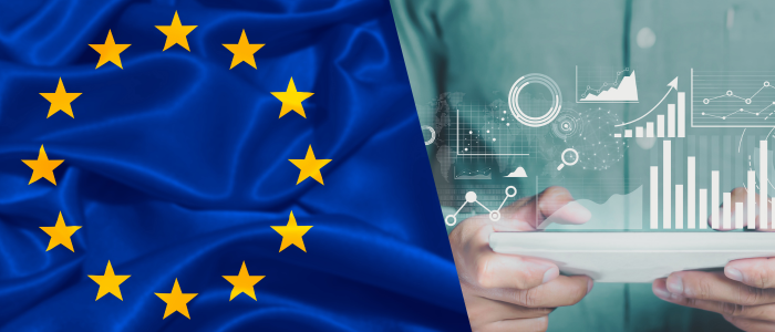 Image depicts the European Union flag on the left, with the right side showcasing someone holding a tablet displaying digital analytics and graphs, symbolizing the intersection of the EU and data-driven insights or technology