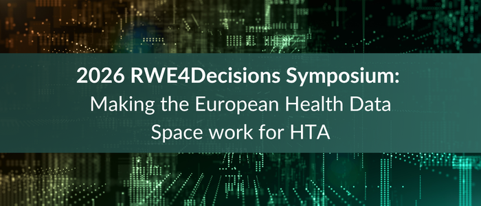Abstract digital background with glowing green and blue lights, featuring the headline “2026 RWE4Decisions Symposium: Making the European Health Data Space work for HTA.”