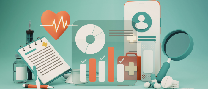 Medical clipboard, heart icon, patient ID card, magnifying glass, pills, and charts arranged as healthcare illustration.