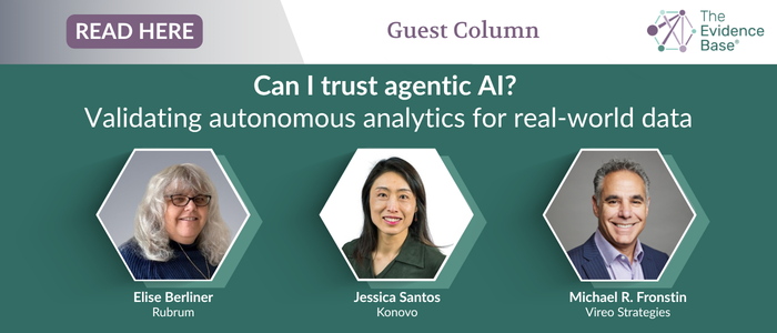 Banner promoting guest column “Can I trust agentic AI?” featuring headshots of Elise Berliner, Jessica Santos, and Michael R. Fronstin with subtitle on validating autonomous analytics